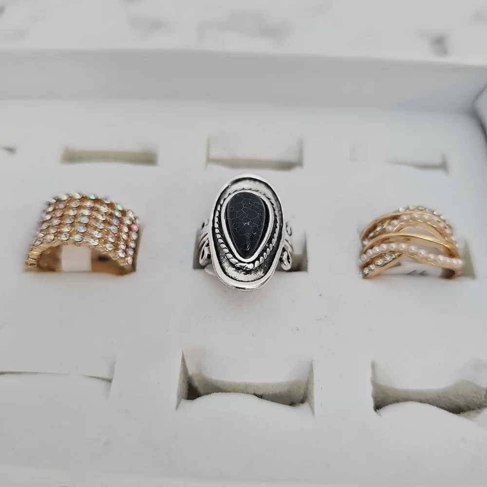 3pc Ring Set Black Stone Silver Gold Rhinestone Pearl Casual Cocktail